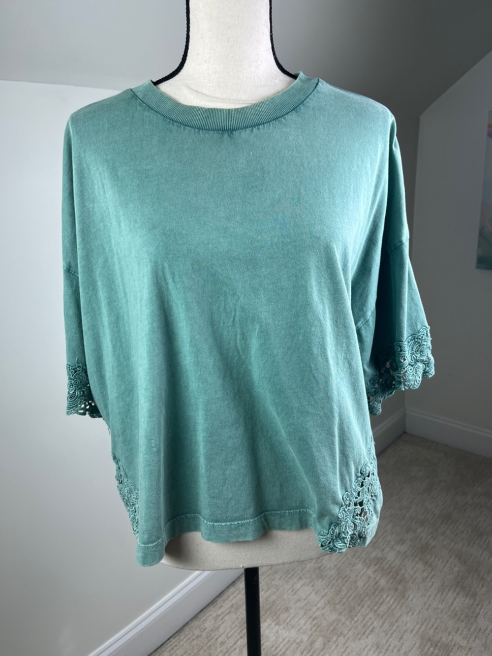 River Island Green Mineral Wash Boxy Lace Trim Tee Size 14 XL